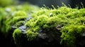 the feathery texture of moss growing on a stone surface, with tiny tendrils and a vibrant green color by AI generated