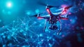 Featured is an abstract representation of a drone with an action video camera against a dark blue background. Low Royalty Free Stock Photo