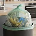 Features a black trash bin with a light green plastic bag filled Royalty Free Stock Photo