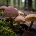 Features blurred tree trunks suggesting the mushrooms are in Royalty Free Stock Photo