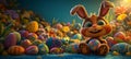 Features a charming little Easter bunny surrounded by numerous brightly painted eggs on a green backgroundEaster holiday Royalty Free Stock Photo