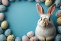 Fluffy Rabbit Surrounded by Decorated Eggs on Blue Background, Close Up, Easter Theme Royalty Free Stock Photo