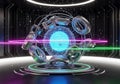 Features a complex assembly of metallic rings surrounding a glowing Royalty Free Stock Photo