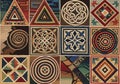 Features different motifs, including triangles, spirals, and Royalty Free Stock Photo