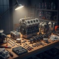 Features a disassembled engine on a wooden table illuminated Royalty Free Stock Photo