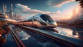 The features a futuristic scene of an industrial sky train and sky train with reflections Royalty Free Stock Photo