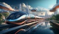 Features a futuristic scene of an industrial sky train and sky train with reflections Royalty Free Stock Photo
