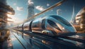 Features a futuristic scene of an industrial sky train and sky train with reflections Royalty Free Stock Photo