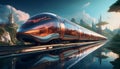 Features a futuristic scene of an industrial sky train and sky train with reflections Royalty Free Stock Photo