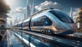 Features a futuristic scene of an industrial sky train and sky train with reflections Royalty Free Stock Photo