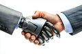 Human Handshake with Robot Hand in Suit, Futuristic Design on White Background Royalty Free Stock Photo
