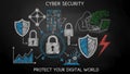 Features include padlocks, shields, bar charts, binary code, and network symbols Royalty Free Stock Photo