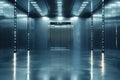 Modern Chrome Elevator Doors, Metallic Walls, Illuminated Ceiling in Contemporary Interior Royalty Free Stock Photo