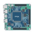 Features a prominent central FPGA chip with electric traces leading Royalty Free Stock Photo