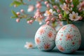 Painted Floral Easter Eggs With Spring Blossom Arrangement On Light Blue Background Still Life Royalty Free Stock Photo