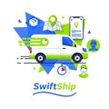 Features a stylized delivery van with a green and blue color Royalty Free Stock Photo