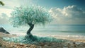 Tree Sculpture Crafted from Plastic Bottles on a Pebble Beach Under a Bright Blue Sky Royalty Free Stock Photo