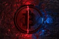 Featuring a the bitcoin logo on the illuminated background with red and blue gradient colors, dark background Royalty Free Stock Photo
