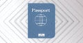 Featuring blue passport graphic centered in abstract design, with globe symbol and biometric mark Royalty Free Stock Photo