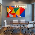 Featuring bold orange accent chairs and a colorful geometric abstract painting, a lively modern lounge creates an engaging and