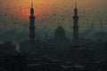Featuring a cairo at sunset with small birds flying above the buildings Royalty Free Stock Photo