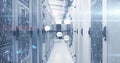 Featuring corridor flanked by network server racks in data center, with floating chat icons Royalty Free Stock Photo