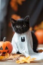 Cute Black Kitten in Witch Costume with Broom - Realistic Halloween Image for Advertising Royalty Free Stock Photo