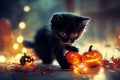 Cute Black Kitten in Witch Costume with Broom - Realistic Halloween Image for Advertising Royalty Free Stock Photo