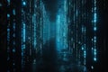 Featuring a  dark room with a matrix code glowing blue on a black background. the wall is made of digital numbers and data fl Royalty Free Stock Photo