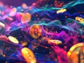 Featuring floating Bitcoin coins amidst a vivid background, a dynamic and colorful representation of a digital cryptocurrency
