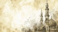Featuring free copy space, a watercolor sepia background enhances a sketch of a large mosque tower for a Ramadan