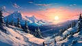 featuring fresh ski tracks on a snowy slope at sunrise, with warm oranges and cool blues blending in the sky. Royalty Free Stock Photo