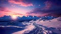 featuring fresh ski tracks on a snowy slope at sunrise, with warm oranges and cool blues blending in the sky. Royalty Free Stock Photo