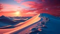 featuring fresh ski tracks on a snowy slope at sunrise, with warm oranges and cool blues blending in the sky. Royalty Free Stock Photo