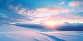 featuring fresh ski tracks on a snowy slope at sunrise, with warm oranges and cool blues blending in the sky. Royalty Free Stock Photo