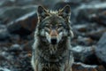 Featuring a gray wolf in front of rocks, high quality, high resolution Royalty Free Stock Photo