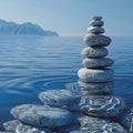 Featuring an illustration of balanced stones stacked on top of each other, creating ripples in the water surface. the backgro Royalty Free Stock Photo