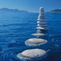 Featuring an illustration of balanced stones stacked on top of each other, creating ripples in the water surface. the backgro Royalty Free Stock Photo