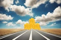 featuring a long road with bright blue sky and clouds with dollar signs symbolic of the road to riches concept Royalty Free Stock Photo