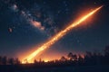 Featuring a  massive meteorite falling from the sky, streaking across starry night sky with earth in view. the comet's trail leav Royalty Free Stock Photo