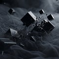 Featuring numerous black cubes and shards floating in a smoky misty Royalty Free Stock Photo