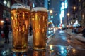 Featuring a  pair of glasses of beer sitting on a table, high quality, high resolution Royalty Free Stock Photo