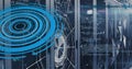 Featuring server rack displaying wireframe sphere in data center with blue circles and code Royalty Free Stock Photo