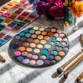 featuring a set of colorful brushes, a palette of vibrant eyeshadow