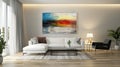Featuring a spacious beige sectional sofa, abstract wall art, and minimalist pendant lighting, this contemporary living room