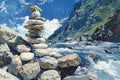 Featuring a  stack of rocks in front of a river, high quality, high resolution Royalty Free Stock Photo