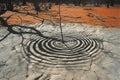 Featuring a  stick is placed on the ground, and its shadow forms circular ripples in the sand that can be seen from above. the ba Royalty Free Stock Photo