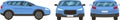 Featuring three vector illustrations of a light blue generic SUV, presenting front, rear, and side views, all isolated