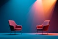 Two Pink Modern Chairs on Blue, Orange Gradient Background, Studio Shot, Minimalist Royalty Free Stock Photo