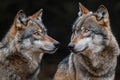 Featuring a two wolves look at each other over a dark background Royalty Free Stock Photo